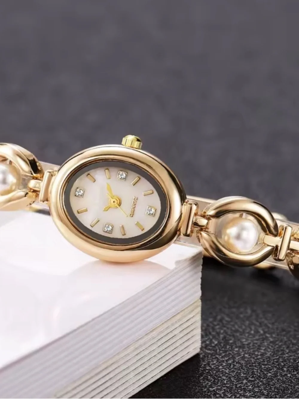 Gold Pearl Accent Women's Bracelet Watch